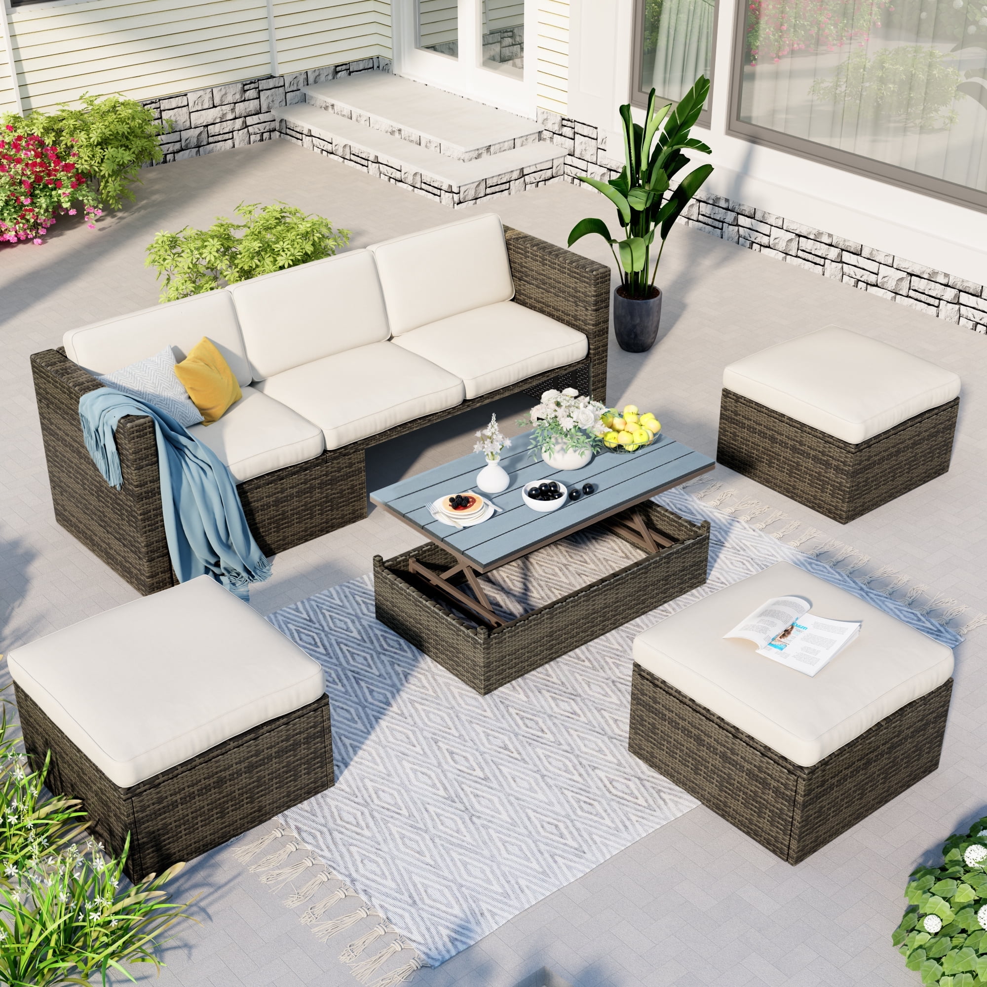 Highsound 5-Piece All-Weather Patio Set with Adjustable Backrest & Lift Top Table, Beige - Walmart.com Highsound 5-Piece All-Weather Patio Set with Adjustable Backrest & Lift Top Table, Beige - Walmart.com