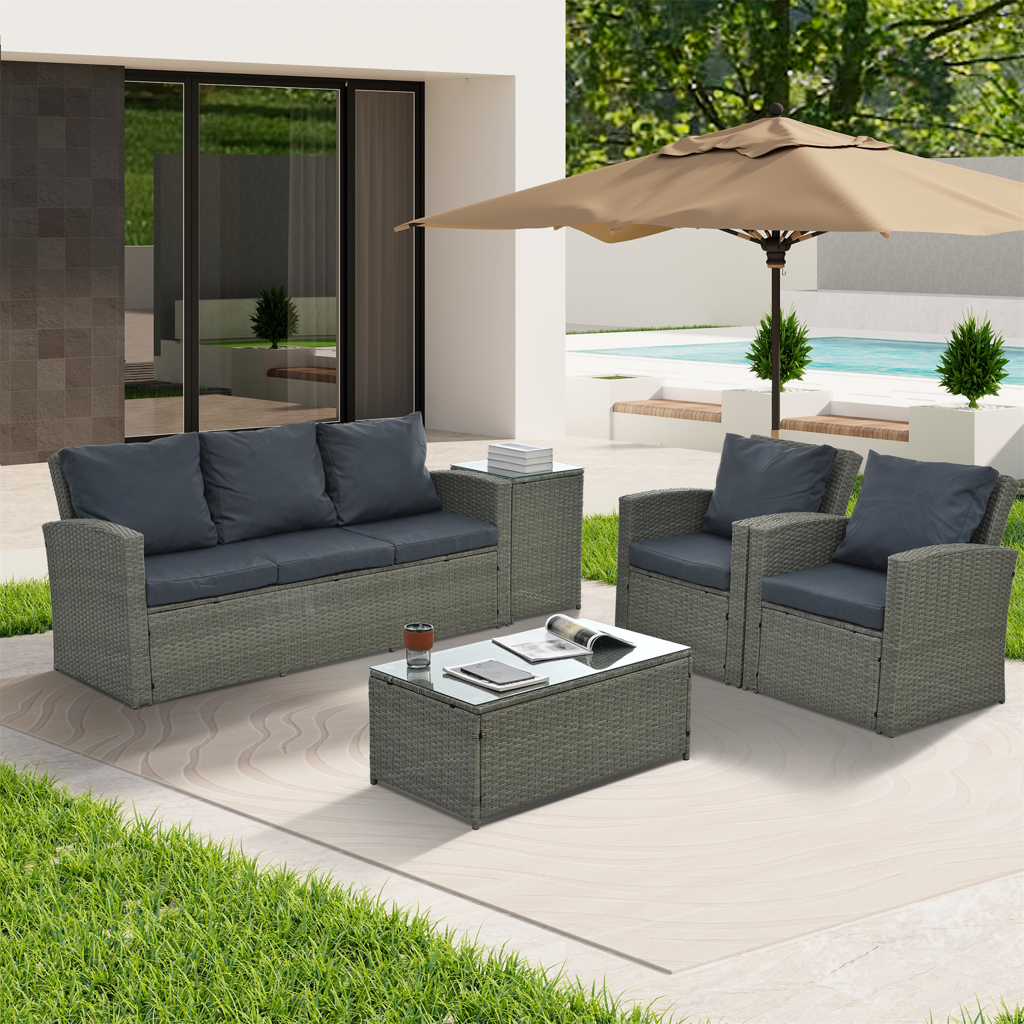 Highsound 5 Pieces Patio Furniture Set, All-Weather PE Rattan Wicker Patio Conversation Set, Cushioned Sofa Set with 2 Glass Tables for Patio Garden Poolside Deck, Gray Cushions - image 1 of 9