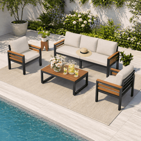 YIORTWO 4-Piece Modern Patio Conversation Set, 5-Person Outdoor Furniture with Acacia Wood Accents & Extra-Thick 6" Cushions, Beige