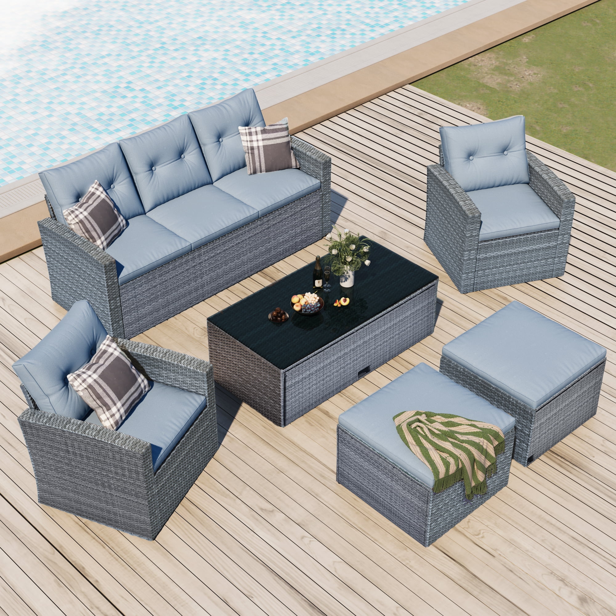 Costway 6pc patio sofa furniture set pe rattan couch outdoor cushioned gray sale