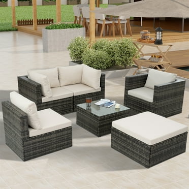 Highsound 6 Piece Patio Furniture Sets, Outdoor PE Rattan Wicker Sectional Sofa Conversation Set, All Weather Conversation Set with Cushions & Coffee Table, Light Beige