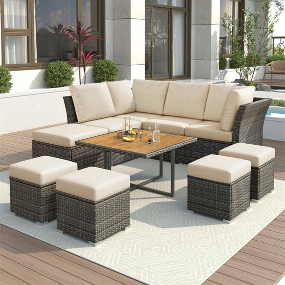 Highsound 10 Piece Patio Furniture Sets, All Weather PE Wicker Rattan Outdoor Sectional Sofa Conversation Couch with Wood Table, Cushions and Ottomans, for Lawn, Garden, Backyard (Beige)