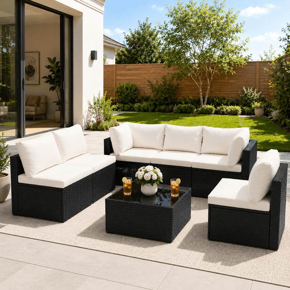 7 Piece Patio Furniture Sets Outdoor Sectional PE Rattan Outdoor Furniture Patio Conversation Set with Cushions and Glass Coffee Table, for Balcony Lawn and Garden, Light Beige