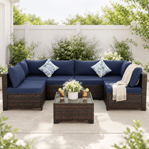 7 Piece Patio Furniture Sets Outdoor Sectional PE Rattan Outdoor Furniture Patio Conversation Set with Cushions and Glass Coffee Table, for Balcony Lawn and Garden, Blue