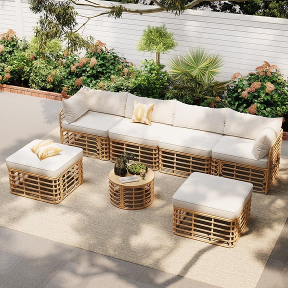 Highsound 7 Piece Patio Furniture Sets Outdoor Sectional PE Rattan Outdoor Furniture Patio Conversation Set with Cushions and Coffee Table, for Balcony Lawn and Garden, Beige