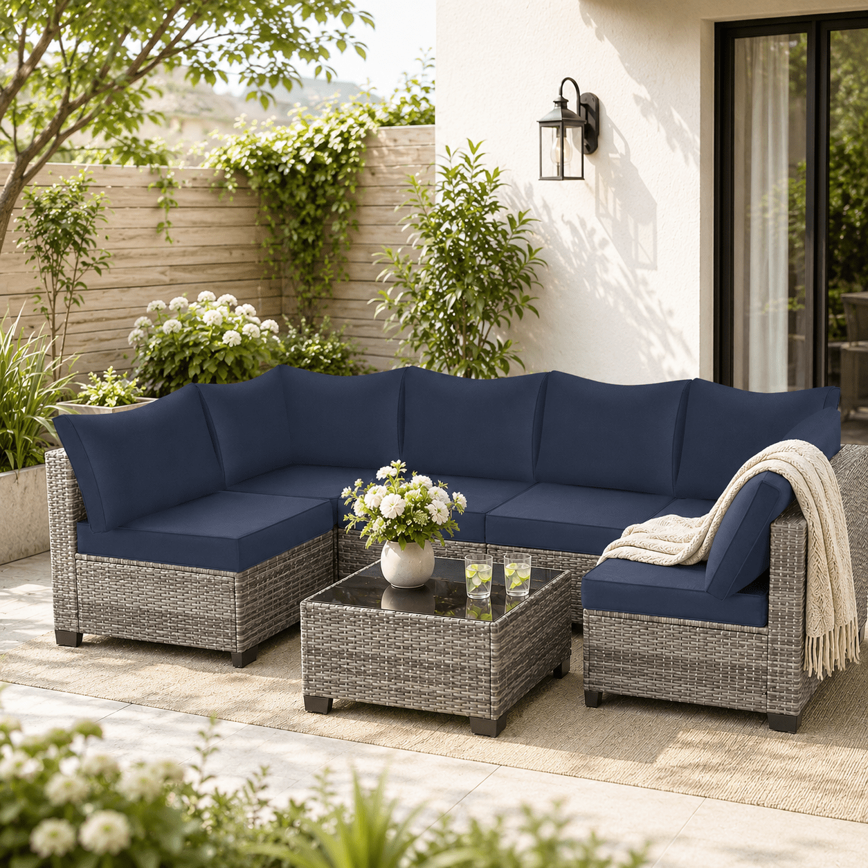 YIORTWO 7-Piece Outdoor Patio Furniture Set, Modular Wicker Sectional Sofa with 3.15" Thick Cushions, All-Weather Rattan Conversation Set with Tempered Glass Table, Navy Blue