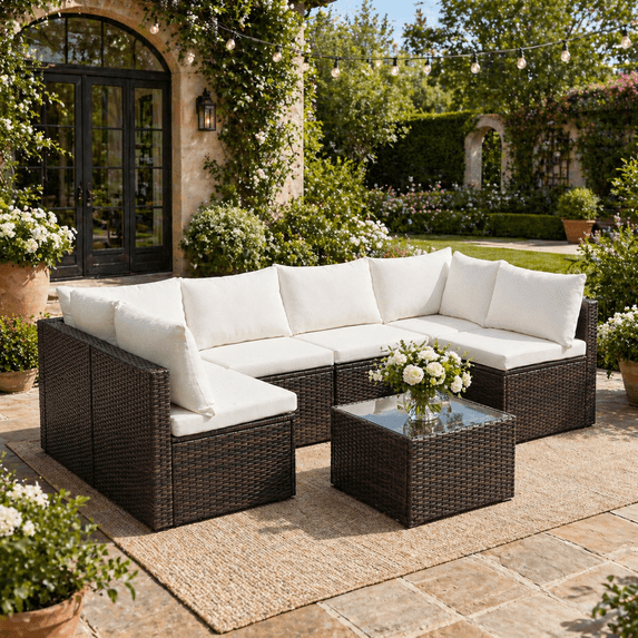 YIORTWO 7-Piece Outdoor Patio Furniture Set, Modular Wicker Sectional Sofa with 2.8" Thick Cushions, All-Weather Rattan Conversation Set with Tempered Glass Table, Brown