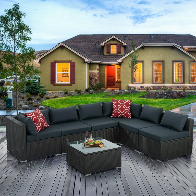 HIGHSOUND 7 Piece Pe Rattan Wicker Outdoor Patio Bar Set, Dark 