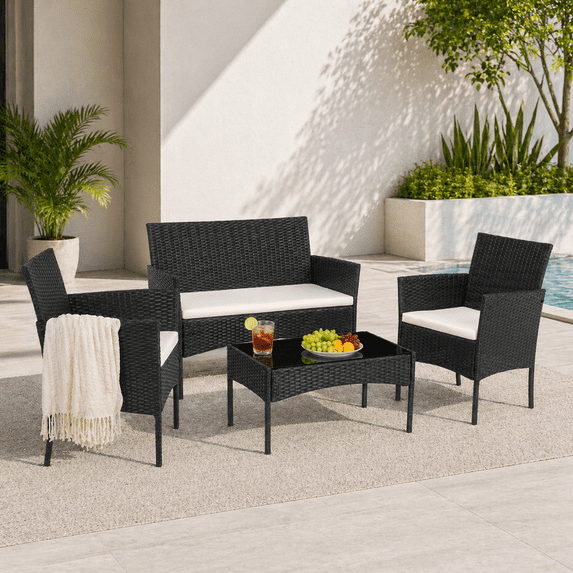 YIORTWO 4-Piece Outdoor Patio Furniture Set, All-Weather Wicker Rattan Conversation Set with Deep Seating, Modern Garden Furniture with Loveseat and Tempered Glass Coffee Table, Brown