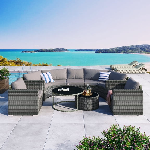 Highsound Patio Conversation Set, 9 Piece Sectional Round Patio Furniture Set with 2 Coffee Tables, Modern Wicker Sofa Set for Backyard Patio Garden, Gray Cushion