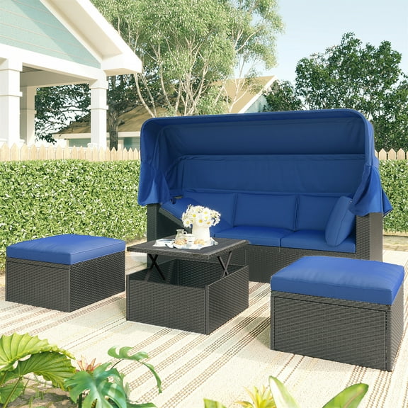 Highsound Patio Outdoor Daybed with Retractable Canopy, Rattan Wicker Sectional Seating with Washable Cushions & Lift Top Table for Patio Backyard Porch Pool Round Daybed Separated Seating, Blue