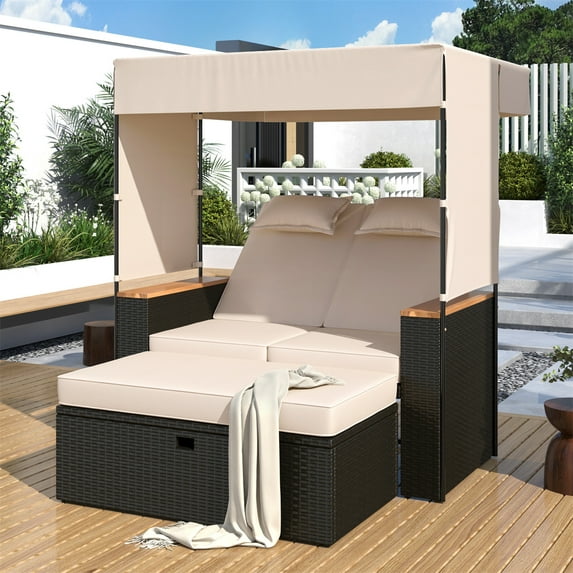 Highsound Patio Rattan Daybed with Canopy & Cushions, Outdoor Wicker Loveseat Sofa with Storage Bench, 5-Level Adjustable Backrest, Bed Lounger for Yard, Balcony, Porch, Garden, Pool, Beige