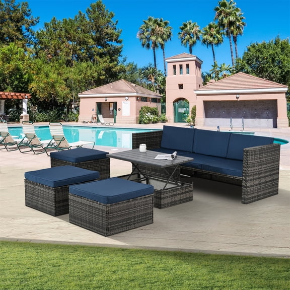 Highsound Patio Outdoor Furniture Set of 7, PE Wicker Rattan Sofa Group With Lifting Coffee Table and Adjustable Cushioned Lounger Sofa, Blue
