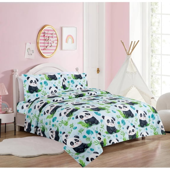 Hight Thread Count Super Soft Microfiber Kid Breathable Bed Sheet Set with PIllowcase, Flat and Fitted sheet (Panda)