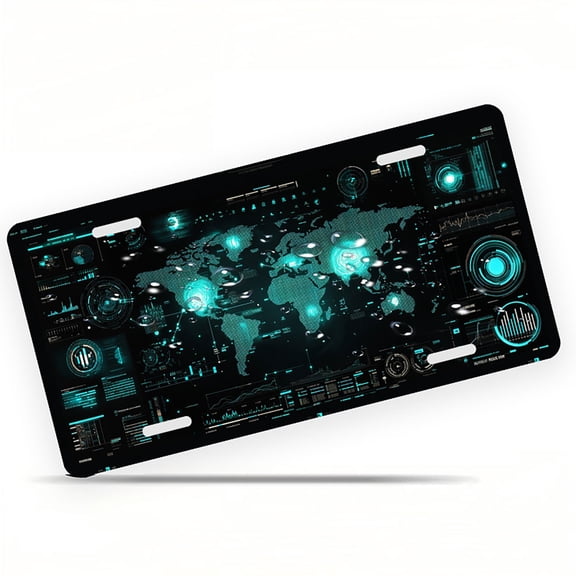 Hightech World Map Interface Funny Personalized License Plate Rust-proof Stainless Steel Metal License Plate Suitable For Men And Women 12.2" x 6.2"