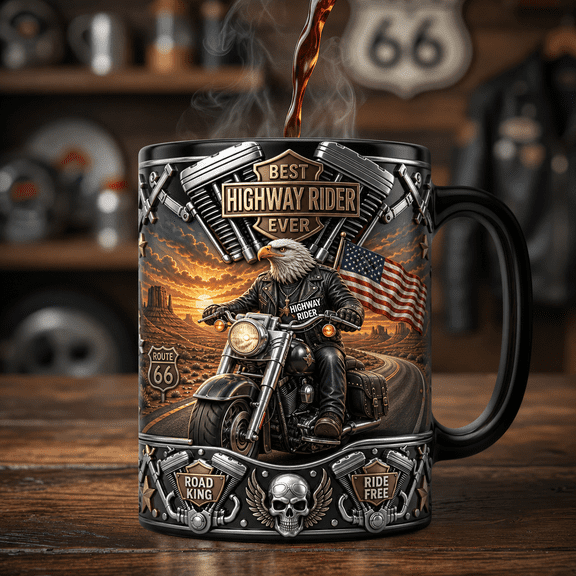 Highway Rider Magic Mug for Dad, Bald Eagle Motorcycle Coffee Mug Gift