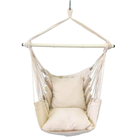 Highwild Hammock Chair Hanging Rope Swing - Max 500 Lbs - 2 Cushions Included - Steel Spreader Bar with Anti-Slip Rings - for Any Indoor or Outdoor Spaces (Beige)