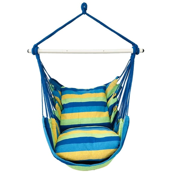 Highwild Hanging Rope Hammock Chair Swing Seat for Any Indoor or Outdoor Spaces - 500 lbs Weight Capacity - 2 Seat Cushions Included (Blue & Green)