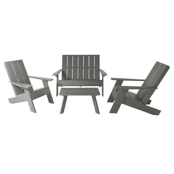Highwood 4-pc Modern Adirondack Conversation Set with 2 Modern Adirondack Chairs, 1 Double-wide Modern Adirondack Chair and 1 Modern Conversation Table - Outdoor, Eco-friendly, Synthetic Wood