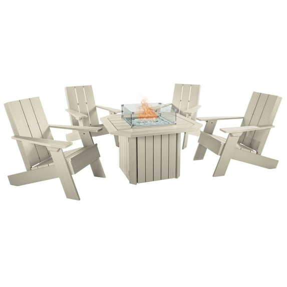 Highwood's Italica Modern Adirondack 5pc Conversation Set with Highwood's 40" Oasis Outdoor, Propane Gas, Fire Pit Table - 55,000 BTU