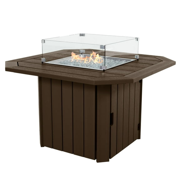Highwood's Oasis 40” Outdoor, Propane Gas, Fire Pit Table with Fire Glass, Stainless Steel Lid, Rain Cover and Wind Guard - 55,000 BTU – Poly Lumber, Wood-Grain