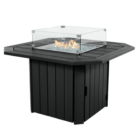 Highwood's Oasis 40” Outdoor, Propane Gas, Fire Pit Table with Fire Glass, Stainless Steel Lid, Rain Cover and Wind Guard - 55,000 BTU – Poly Lumber, Wood-Grain