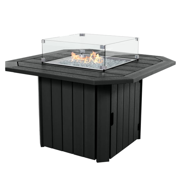 Highwood's Oasis 40” Outdoor, Propane Gas, Fire Pit Table with Fire Glass, Stainless Steel Lid, Rain Cover and Wind Guard - 55,000 BTU – Poly Lumber, Wood-Grain