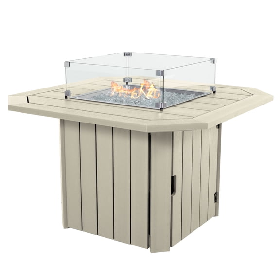 Highwood's Oasis 40” Outdoor, Propane Gas, Fire Pit Table with Fire Glass, Stainless Steel Lid, Rain Cover and Wind Guard - 55,000 BTU – Poly Lumber, Wood-Grain