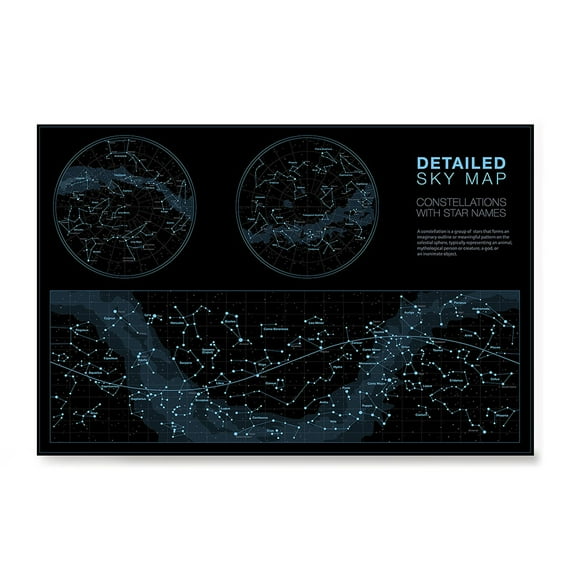 Higly Detailed Sky Map Poster - Constellations with Star Names - Wall Art Print for School Home Office Classroom Dcor - 16X24 inches