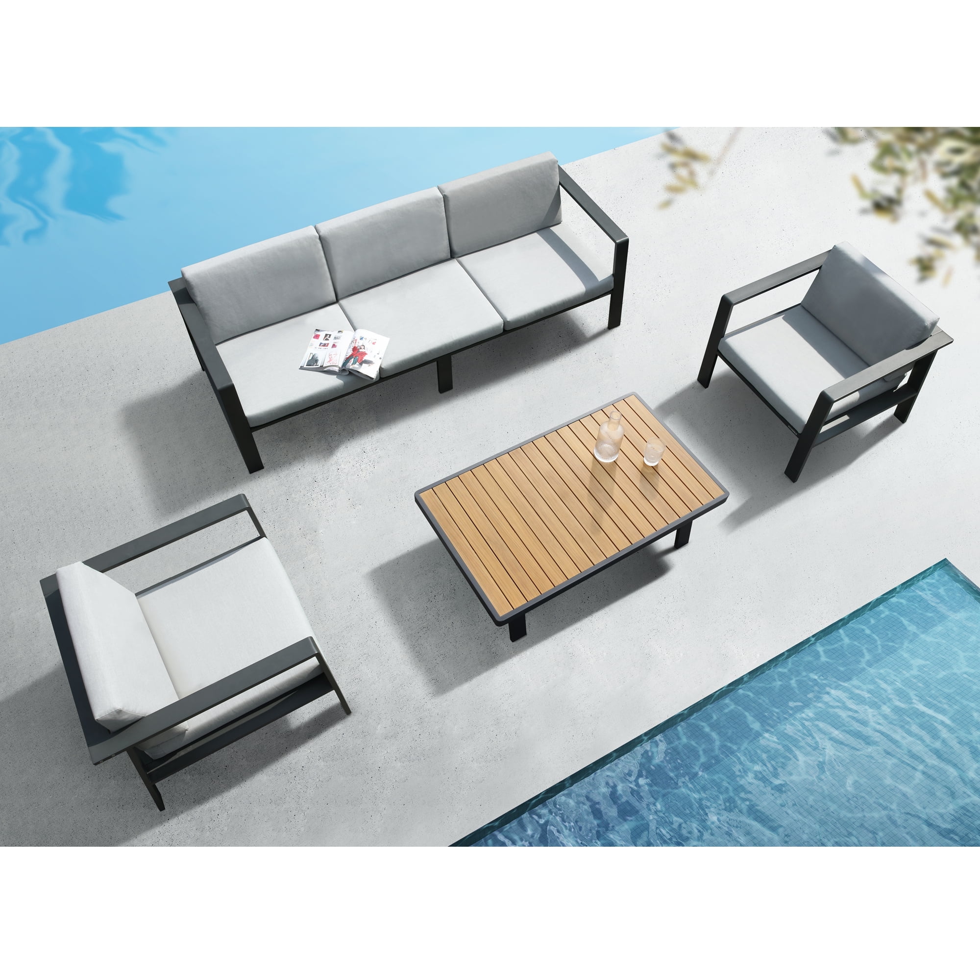Higold 3801 Nofi 4 Pieces Outdoor Conversation Sets with Grey Cushions, Matte Charcoal Aluminum Frame & Tabletop