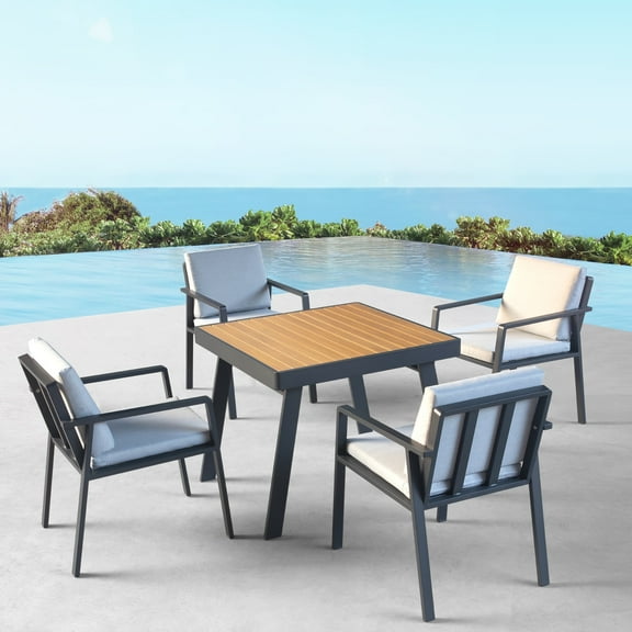 Higold 6801 Nofi Patio Furniture, 5 Pieces Aluminum Outdoor Dining Set with Square Dining Table and Chairs with Deep Cushions, Imitated Teak Finish Wood