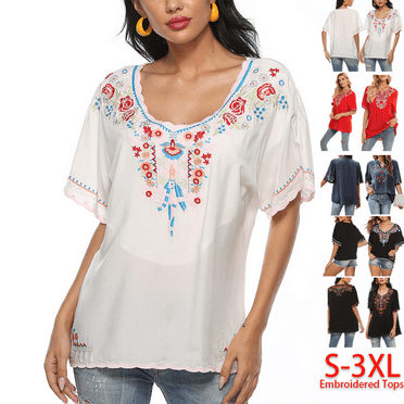 Higustar Embroidered Tops for Women Short Sleeve V Neck Plus Size Boho Mexican Style Blouse Peasant Tops Women T Shirts Casual Tee Ladies Tunics-M/White/075/H