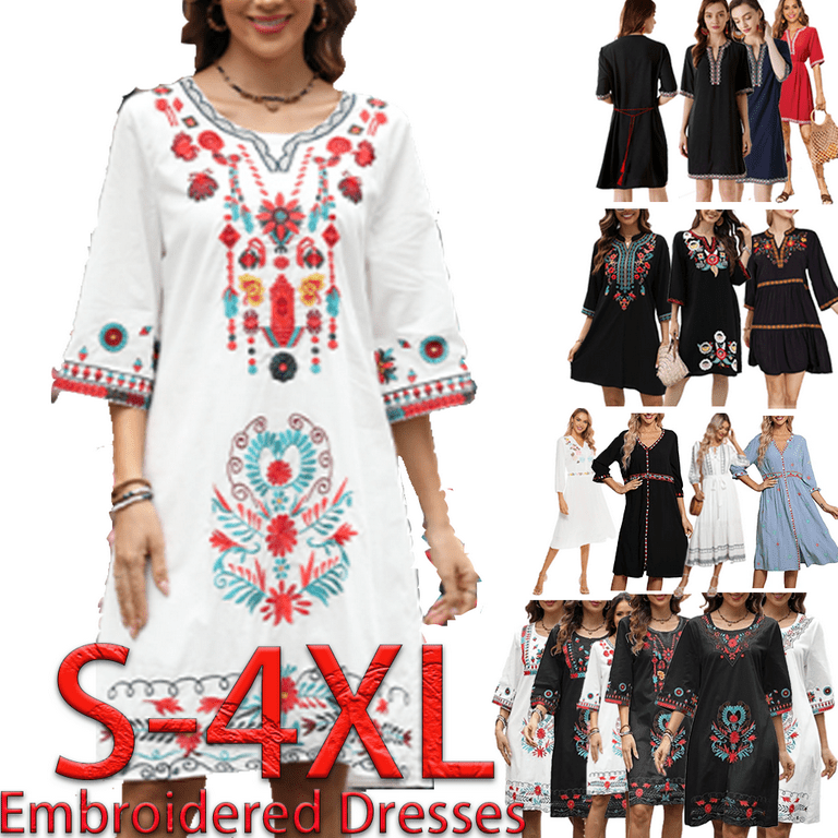 Higustar Dresses for Women Plus Size Petite Summer Dresses 3 4 Sleeve Embroidered Women s Casual Dresses Floral T Shirt Dress Maxi Tunic Boho Bohemian Fall Dresse Walmart