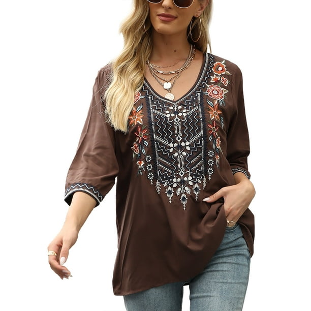 Higustar Embroidered Female Boho Style 3/4 Long Sleeve Summer Loose Fit ...