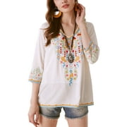 Higustar Women's Mexican Embroidered Tops Bohemian Style Peasant 3/4 Sleeve  Shirts Boho Tunic Blouses Hippie Clothes