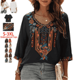 thumbnail image 1 of Higustar Womens Tops Summer Embroidered Blouses Dressy Casual Ladies Plus Size V Neck 3/4 Sleeve Peasant Mexican Tops - Cotton Rayon-328/H-Black-2XL, 1 of 10