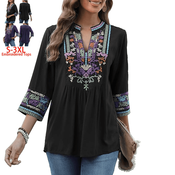 Higustar Embroidered Tops for Women 3/4 Sleeve V Neck Plus Size Boho Mexican Style Blouse Peasant Tops Women T Shirts Casual Tee Ladies Tunics-802/H-Black-XXXL