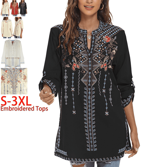 Higustar Womens Plus Size Tops 3/4 Sleeve V Neck Tunic Shirts Casual Floral Embroidered Loose Summer Fall Blouses Mexican Peasant Cotton Rayon Shirts-Black/127/H-L
