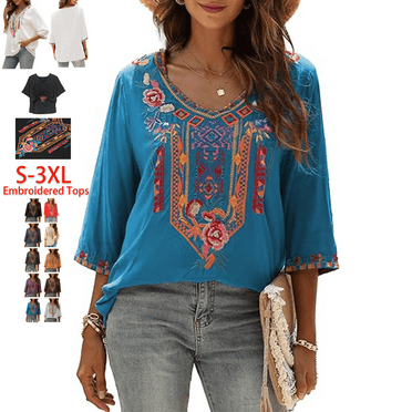 Higustar Womens Tops Summer Embroidered Blouses Dressy Casual Ladies Plus Size V Neck 3/4 Sleeve Peasant Mexican Tops - Cotton Rayon-328/H-Dark Blue-L