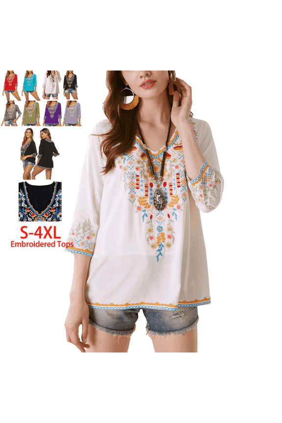 Womens Plus Size Tops 3/4 Sleeve V Neck Tunic Shirts Casual Floral Embroidered Loose Summer Fall Blouses Mexican Peasant Cotton Rayon Shirts-054-White/H-M