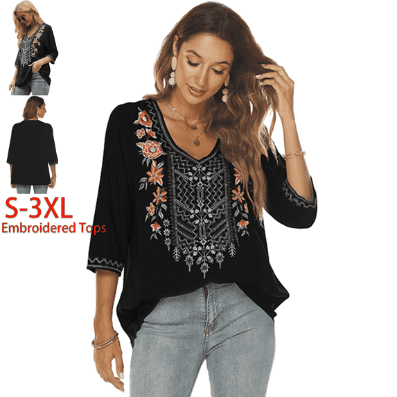 Higustar Womens Plus Size Tops 3/4 Sleeve V Neck Tunic Shirts Casual Floral Embroidered Loose Summer Fall Blouses Mexican Peasant Cotton Rayon Shirts-Black/324/H-XL