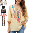 thumbnail image 1 of Higustar Womens Tops Summer Embroidered Blouses Dressy Casual Ladies Plus Size V Neck 3/4 Sleeve Peasant Mexican Tops - Cotton Rayon-328/H-Light Yellow-XL, 1 of 9