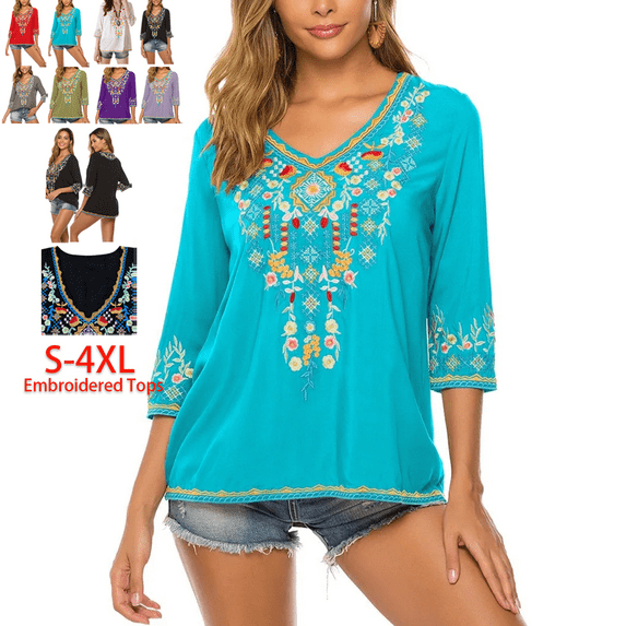 Higustar Womens Plus Size Tops 3/4 Sleeve V Neck Tunic Shirts Casual Floral Embroidered Loose Summer Fall Blouses Mexican Peasant Cotton Rayon Shirts-054-Blue/H-2XL