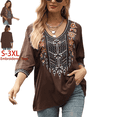thumbnail image 1 of Higustar Womens Plus Size Tops 3/4 Sleeve V Neck Tunic Shirts Casual Floral Embroidered Loose Summer Fall Blouses Mexican Peasant Cotton Rayon Shirts-Brown/324/H-2XL, 1 of 11