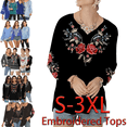 thumbnail image 1 of Higustar Embroidered Tops for Women Long Sleeve V Neck Plus Size Boho Mexican Style Blouse Peasant Tops Women T Shirts Casual Tee Ladies Tunics-3XL/Black/059/H, 1 of 9
