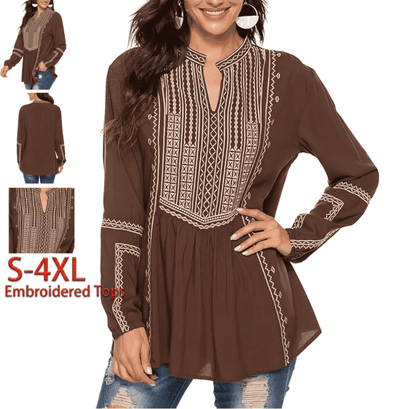 Higustar Embroidered Tops for Women Long Sleeve V Neck Plus Size Boho Mexican Style Blouse Peasant Tops Women T Shirts Casual Tee Ladies Tunics-L/Brown/141/H