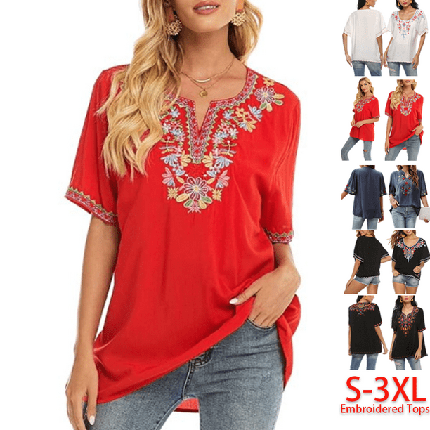 Higustar Embroidered Tops for Women Short Sleeve V Neck Plus Size Boho Mexican Style Blouse Peasant Tops Women T Shirts Casual Tee Ladies Tunics XL Red 317 H Walmart Business Supplies