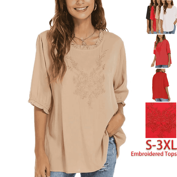 Higustar Womens Plus Size Tops Short Sleeve V Neck Tunic Shirts Casual Floral Embroidered Loose Summer Fall Blouses Mexican Peasant Cotton Shirts-Khaki/338/H-3XL
