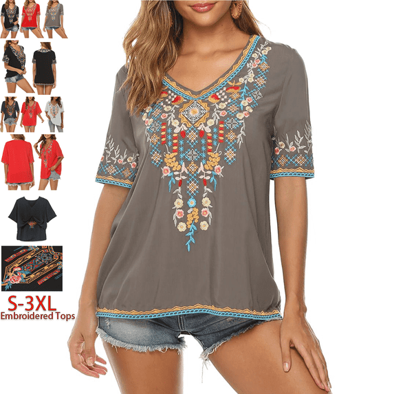 Higustar Embroidered Tops for Women Short Sleeve V Neck Plus Size Boho Mexican Style Blouse Peasant Tops Women T Shirts Casual Tee Ladies Tunics-S/Gray/442/H