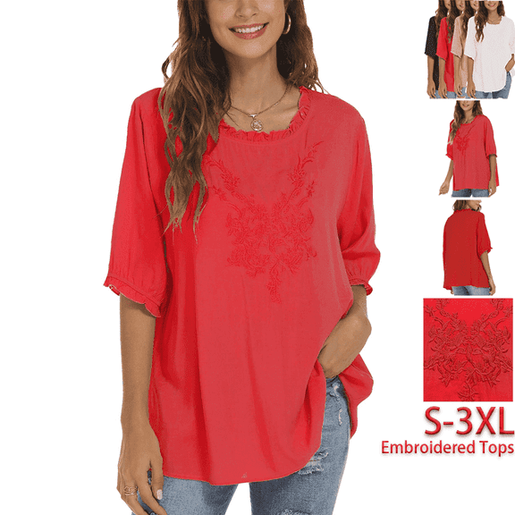 Higustar Womens Plus Size Tops Short Sleeve V Neck Tunic Shirts Casual Floral Embroidered Loose Summer Fall Blouses Mexican Peasant Cotton Shirts-Red/338/H-XL